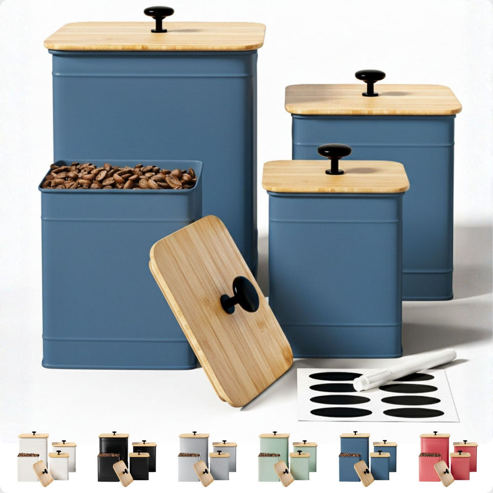 HB Design Co. kitchen canisters in blue matte finish, stylish storage for dry goods.