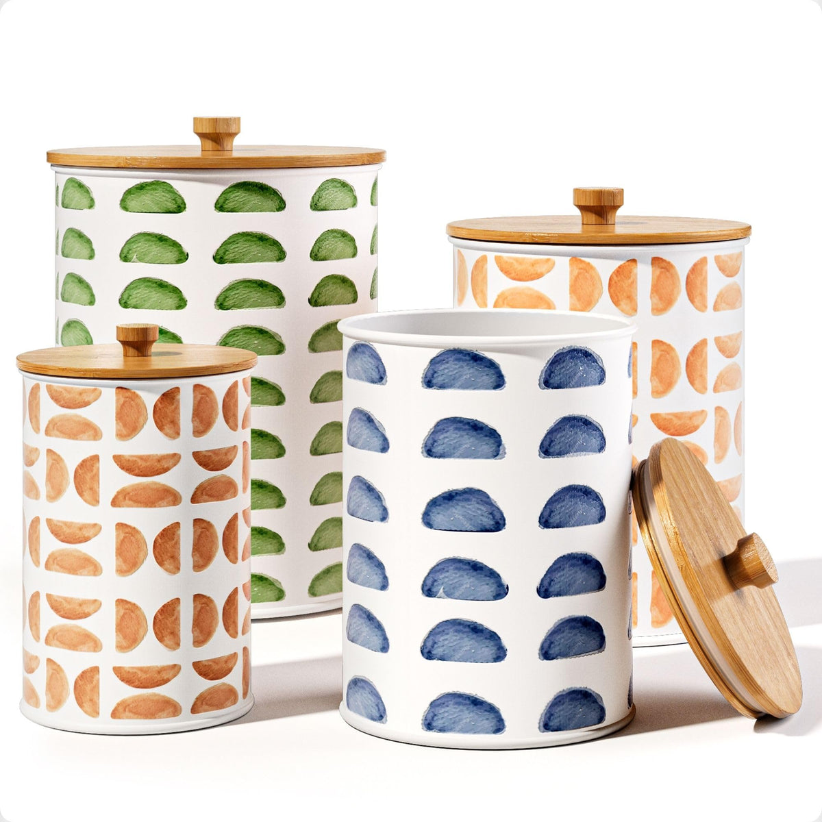 HB Design Co. patterned iron canisters on a countertop for organized storage.
