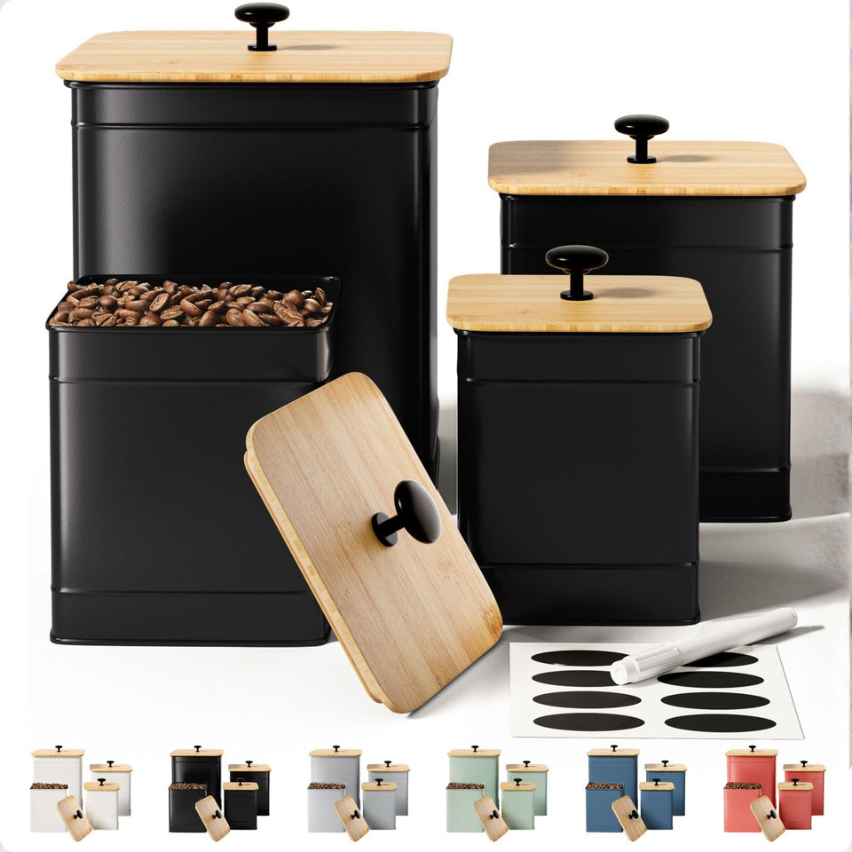 HB Design Co kitchen canisters on countertop with labels for organized pantry