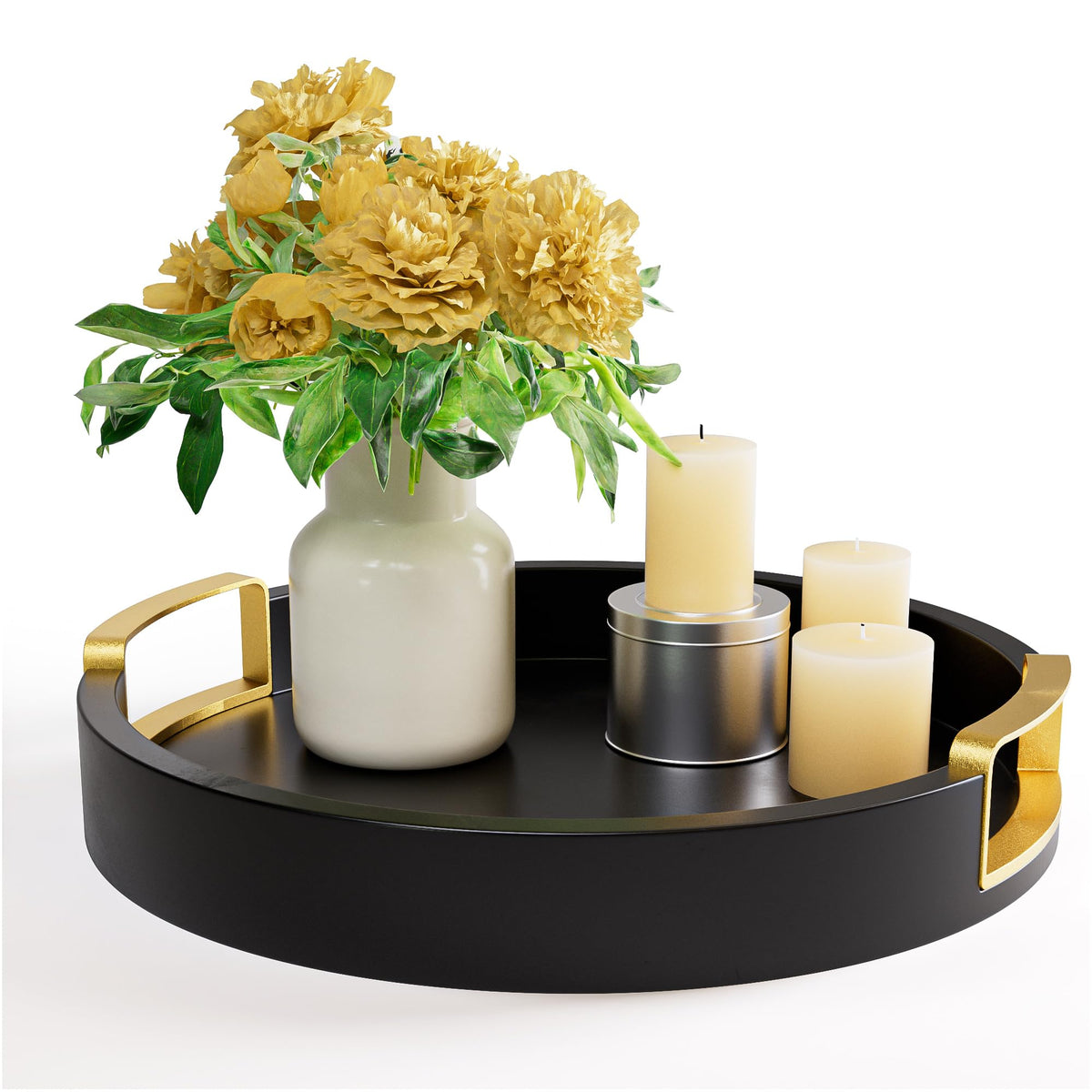 HB Design Co round tray with black finish and gold handles for elegant serving
