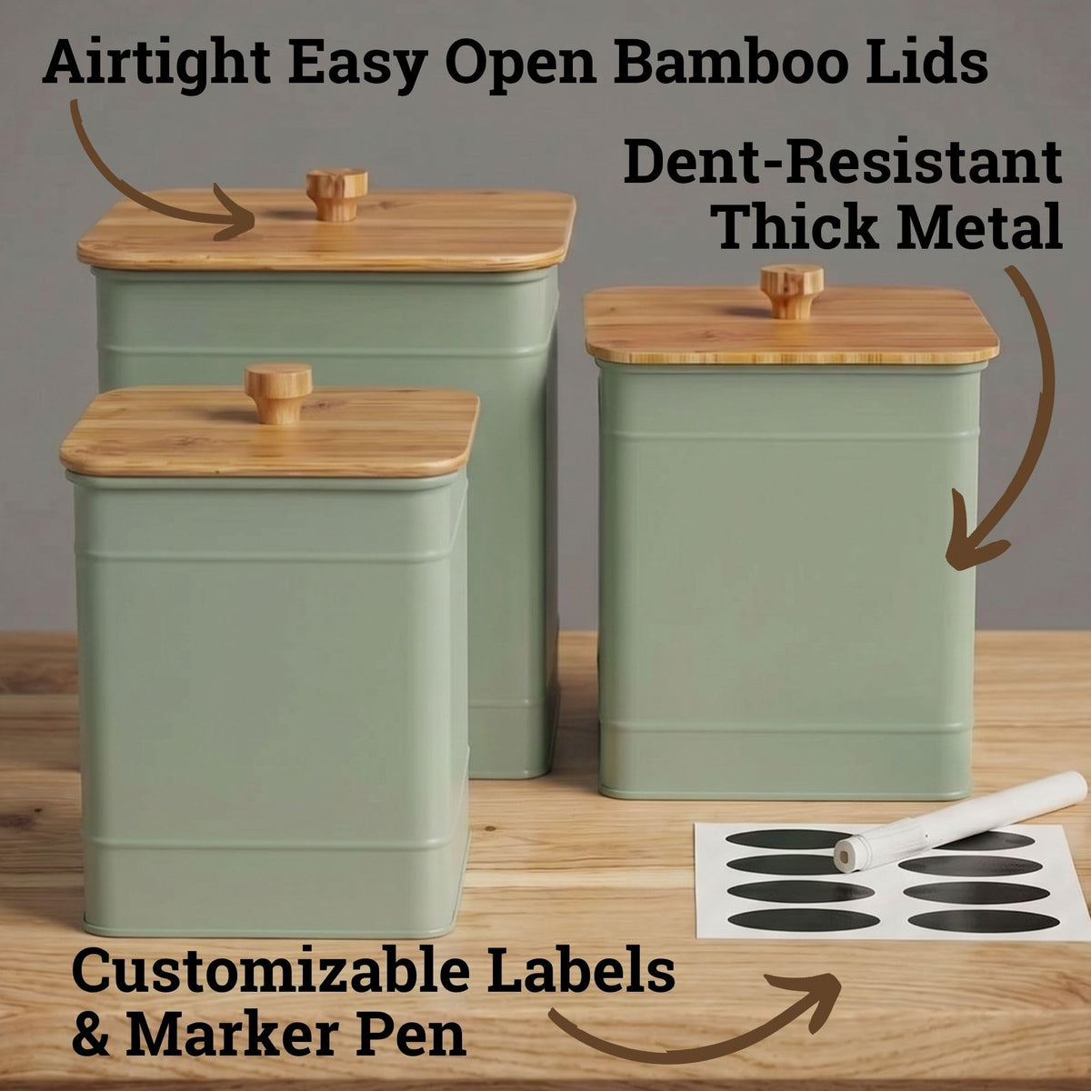 HB Design Co sage green canisters with lids closeup showing close matching lids.