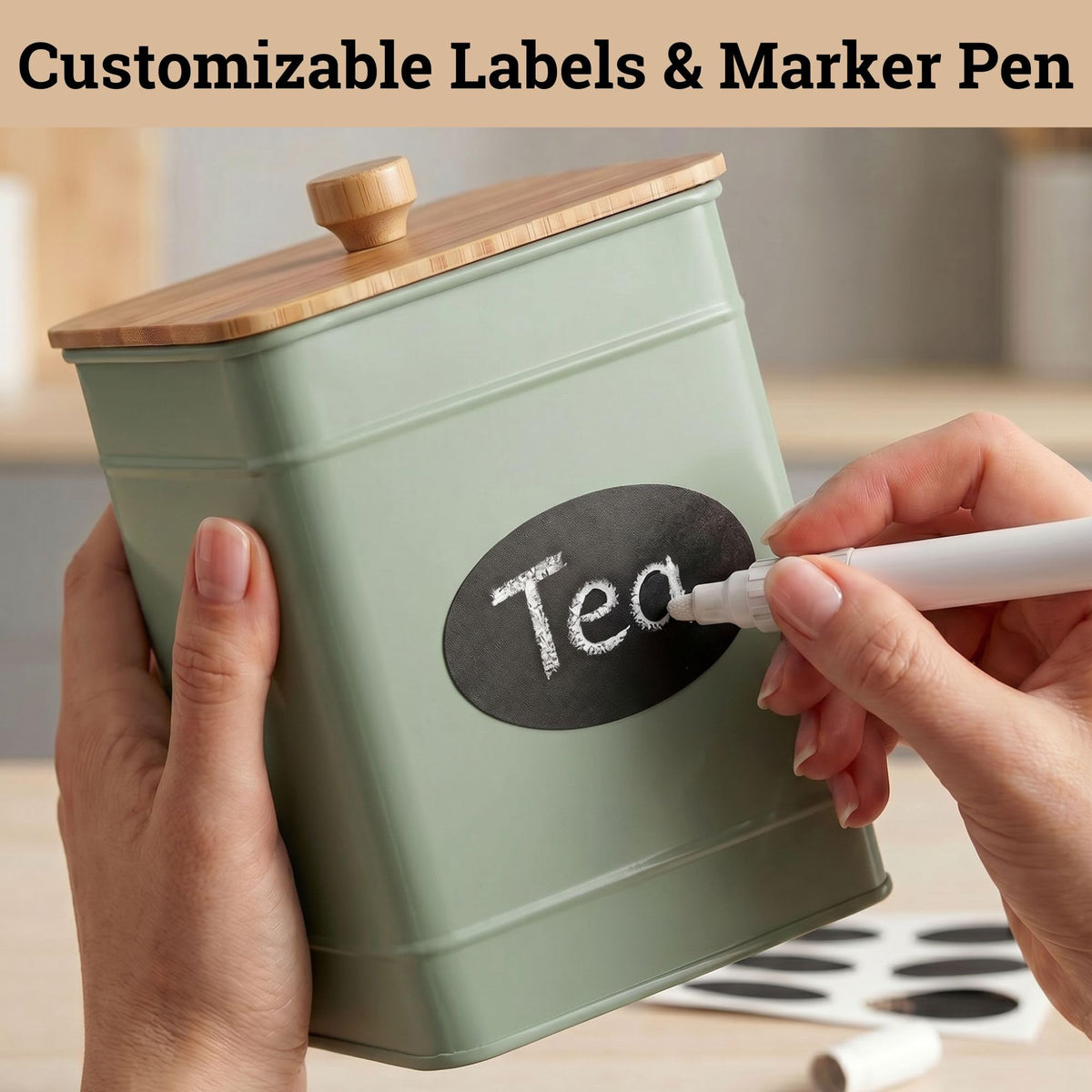 HB Design Co square iron canisters with matte sage finish for stylish decor.