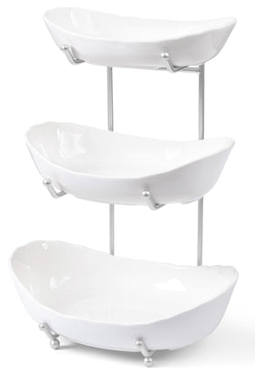 HBlife 3-tier ceramic fruit bowl stand on counter with fresh produce.