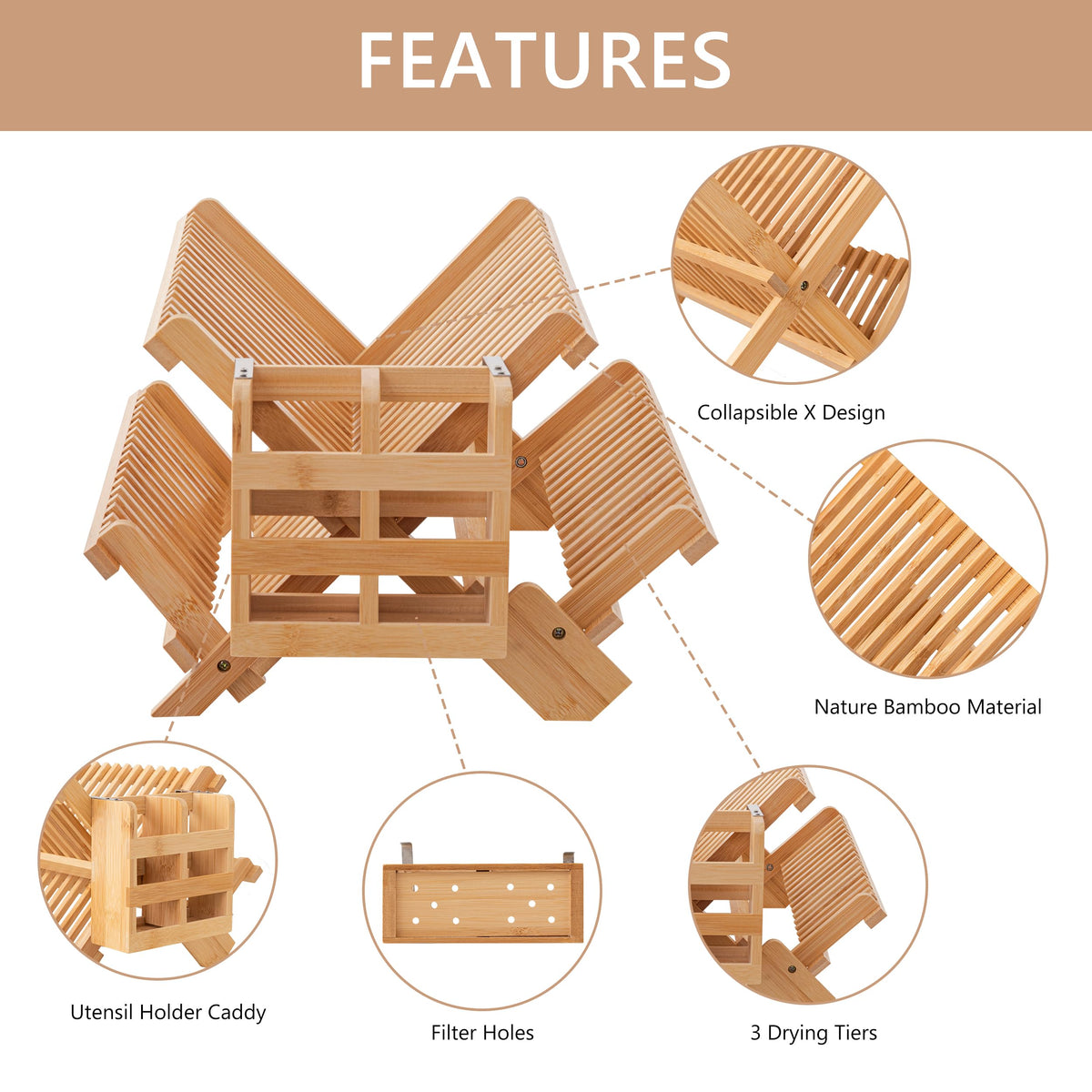 HBlife bamboo dish drying rack bottom drainage holes prevent water pooling.