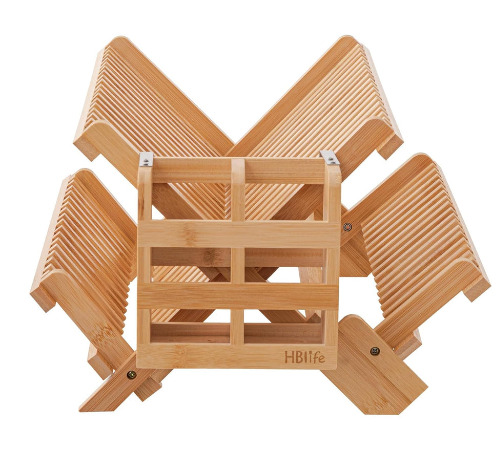 HBlife bamboo dish drying rack folding design demonstrates space-saving elegance on counters.