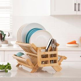 HBlife bamboo dish drying rack lower tier fits mugs and small plates.