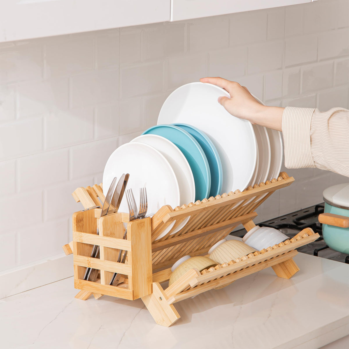 HBlife bamboo dish drying rack natural bamboo construction adds warm kitchen style.