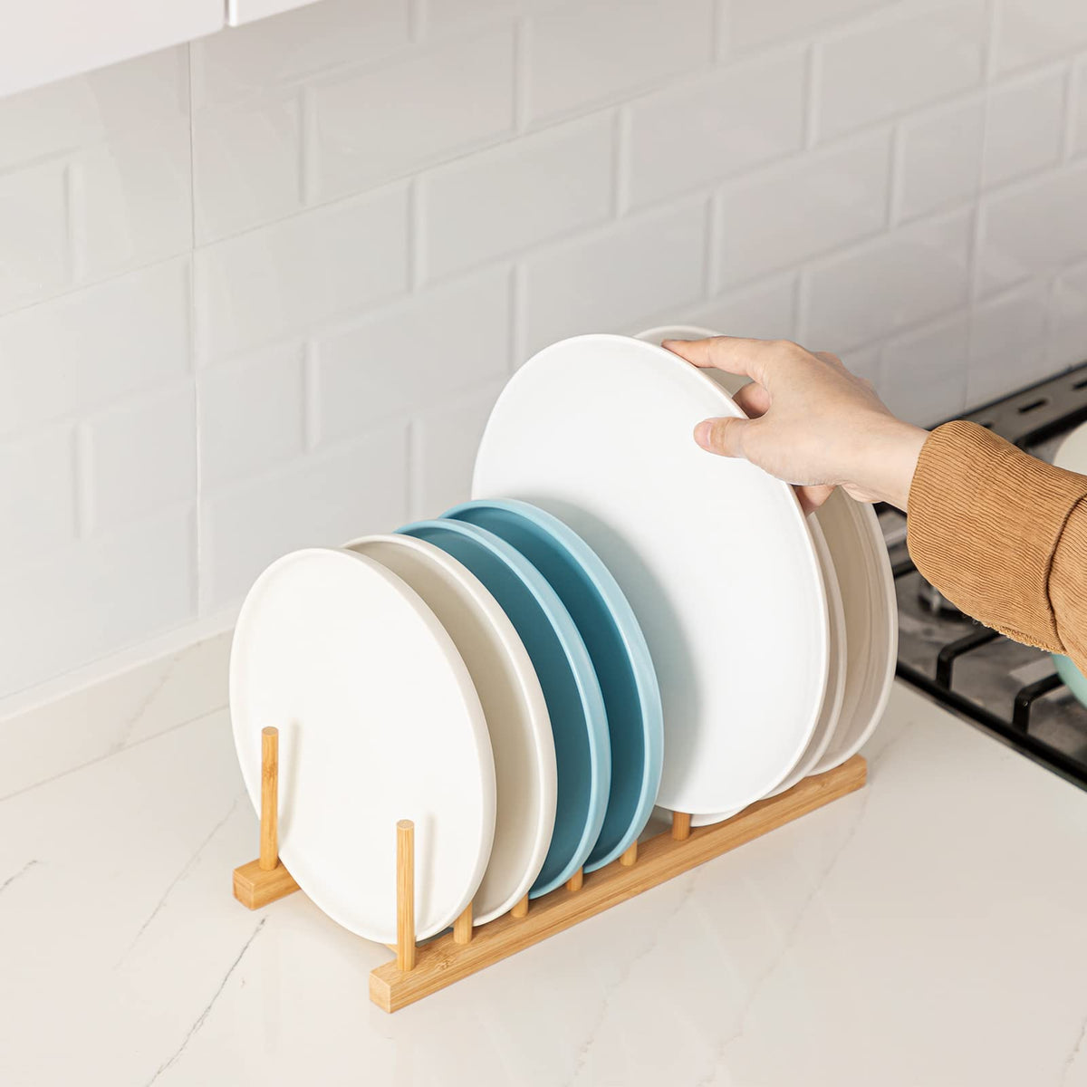 HBlife bamboo dish rack space saving design fits narrow counters
