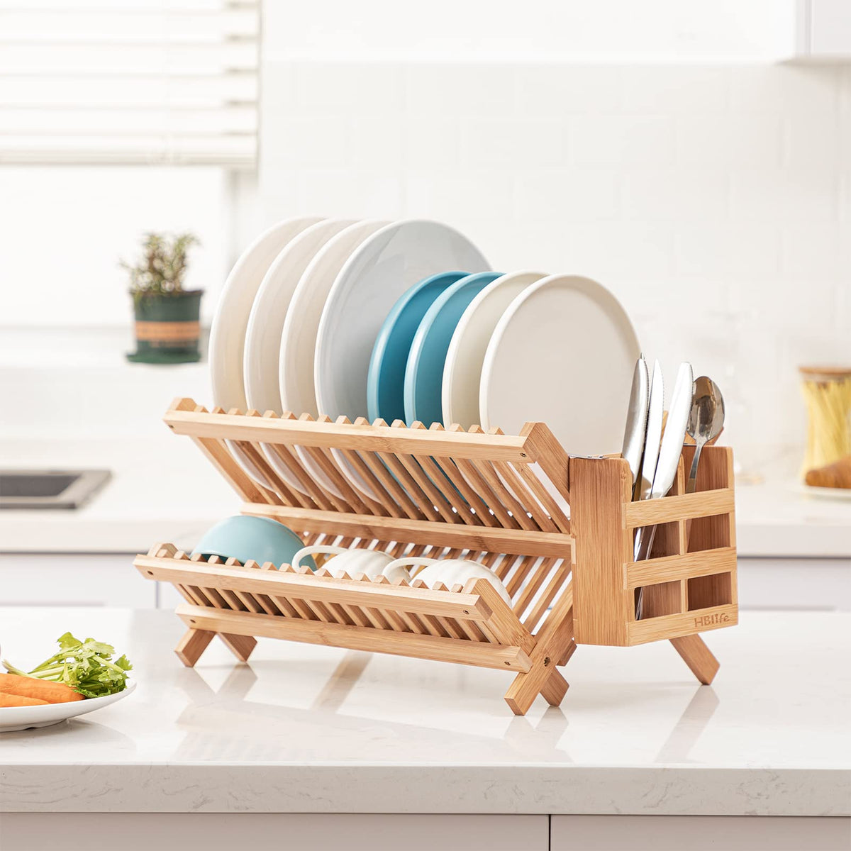 HBlife dish rack folded compact demonstrates easy storage after drying meals