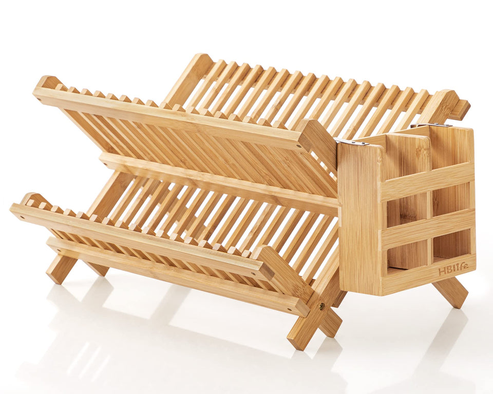 HBlife bamboo dish rack open view showing two-tier design for efficient drying