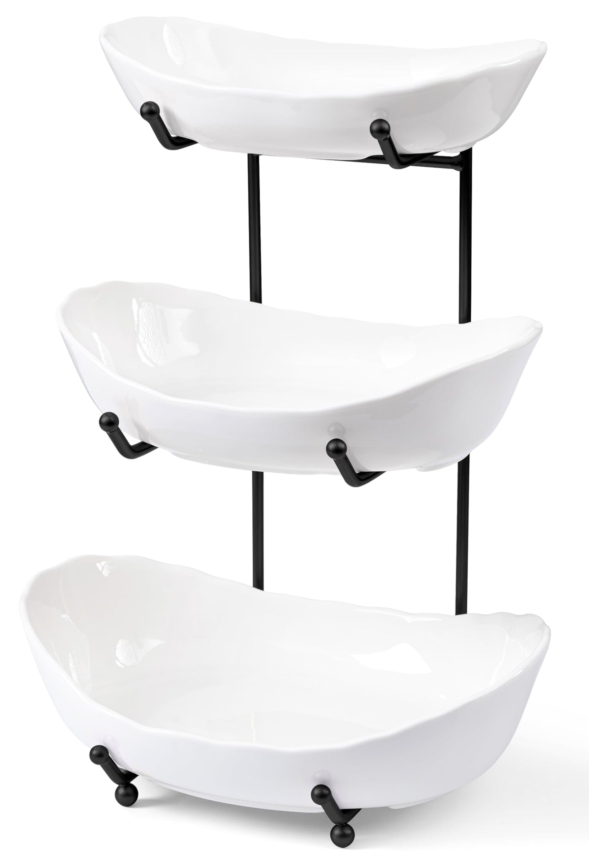 HBlife 3-tier ceramic fruit bowl on counter keeps fruit organized and accessible.