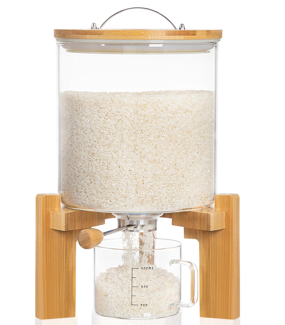 HBlife glass rice dispenser with wooden stand on a kitchen counter, showcasing organized storage.