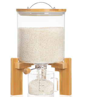 HBlife glass rice dispenser with wooden stand on a kitchen counter, showcasing organized storage.