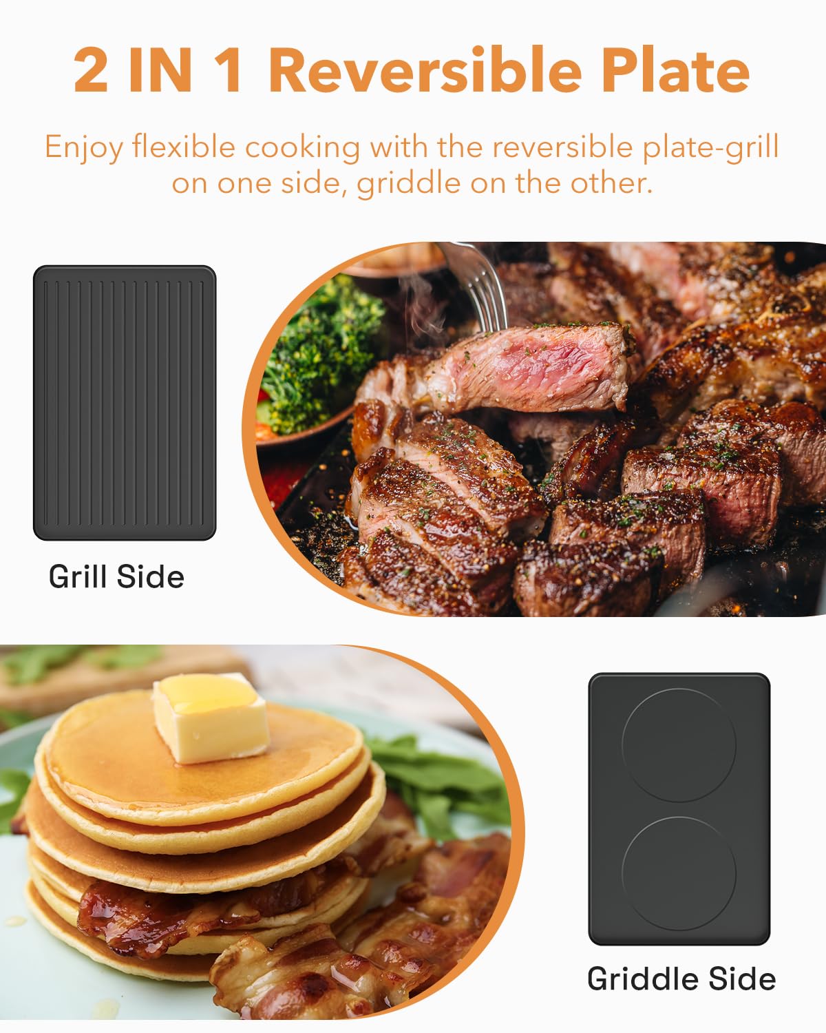 1300W power and adjustable heat up to 450°F for chef-like control