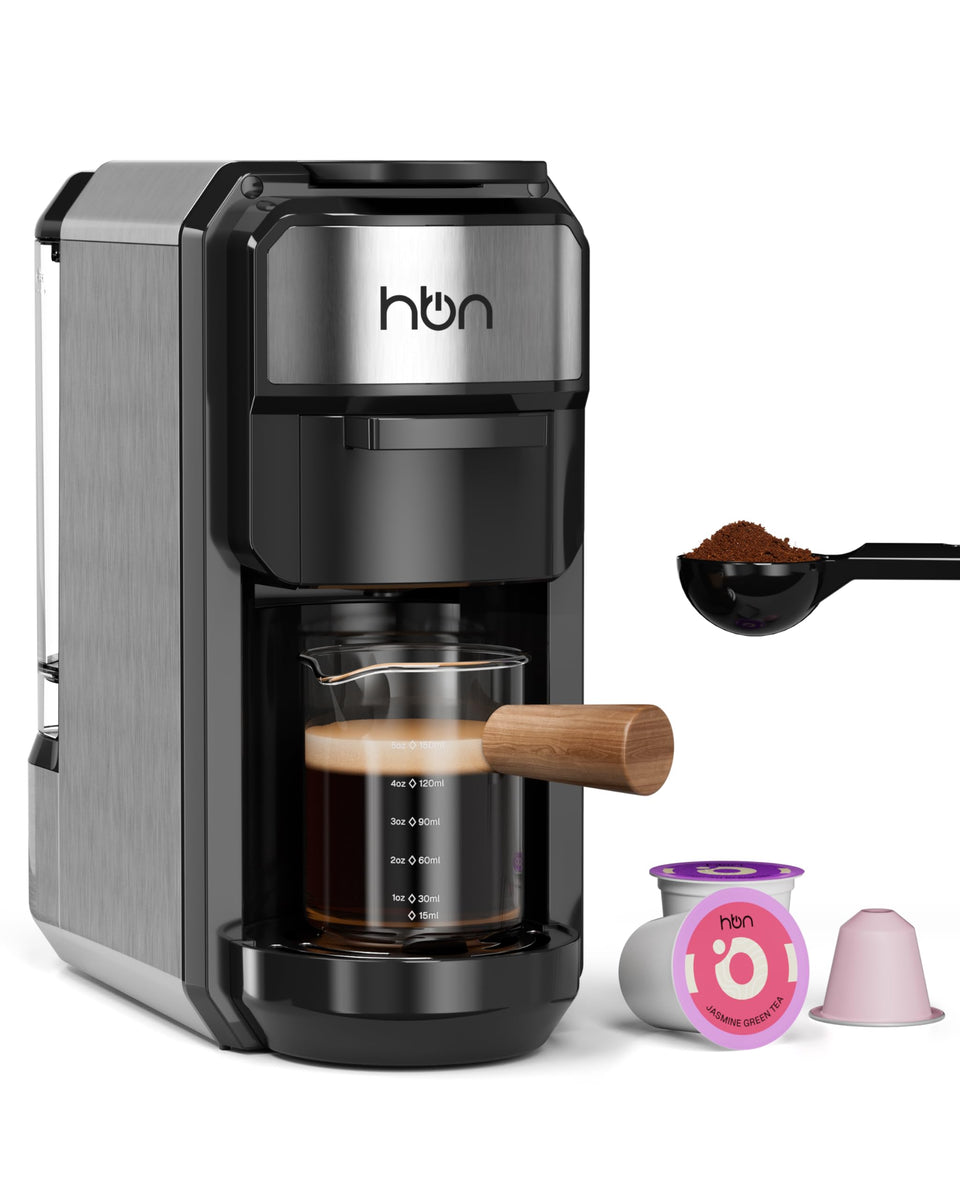 HBN 3-in-1 universal compatibility enables capsule and ground coffee options.