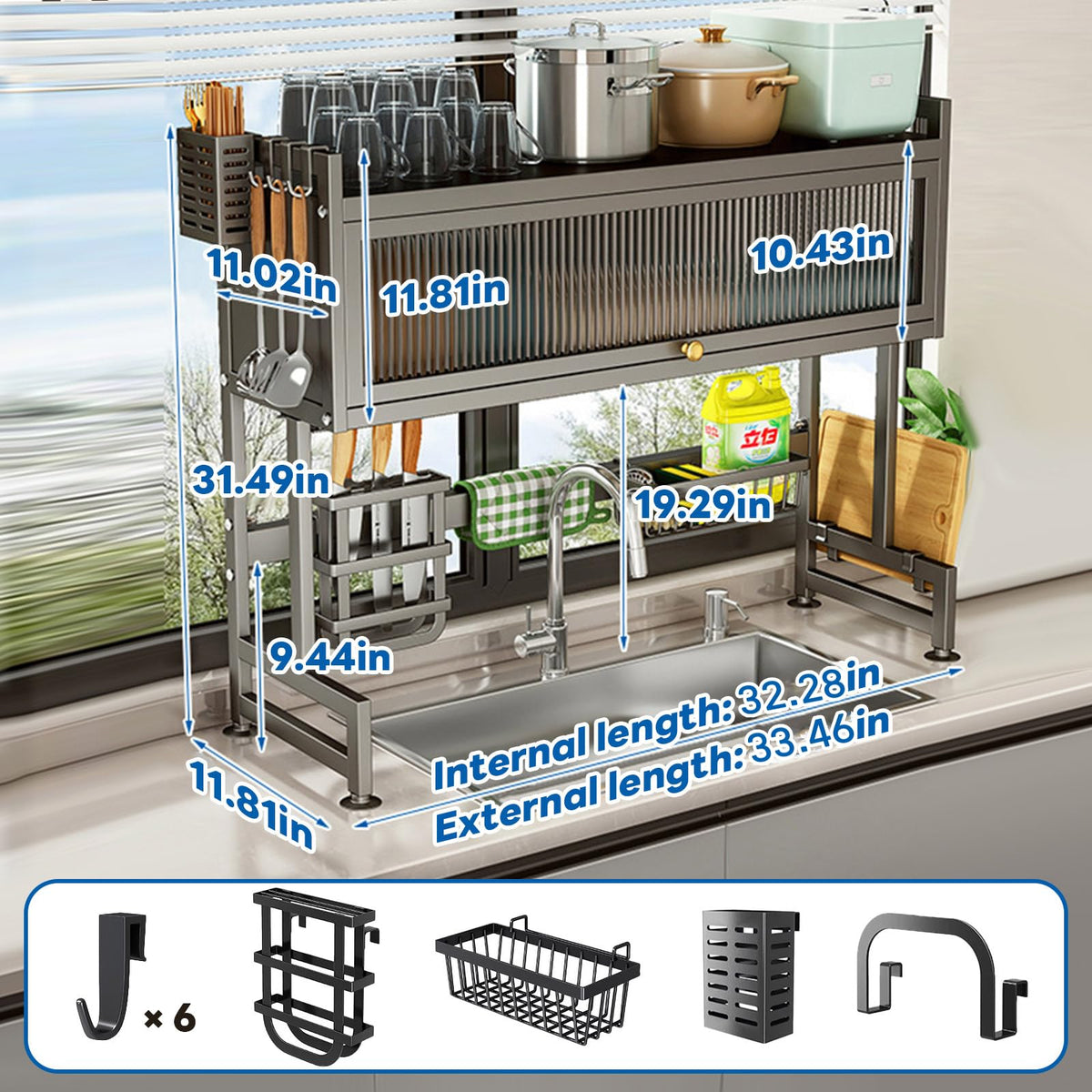 Hdrriozu over-the-sink rack features removable parts for easy cleaning.