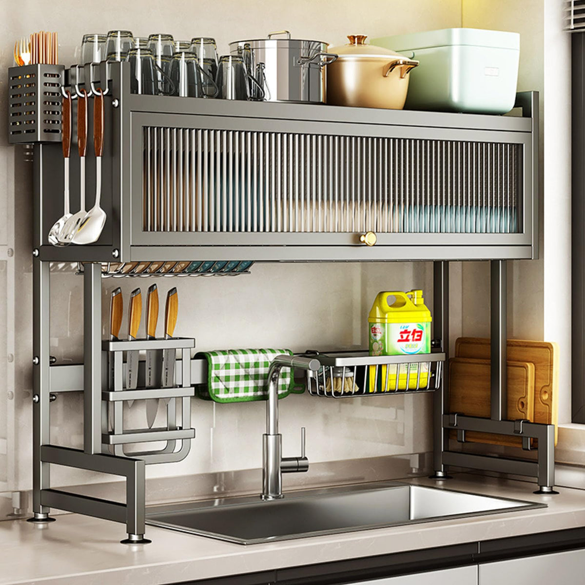 Hdrriozu over-the-sink dish drainer 3-tier keeps dishes organized and drains efficiently.