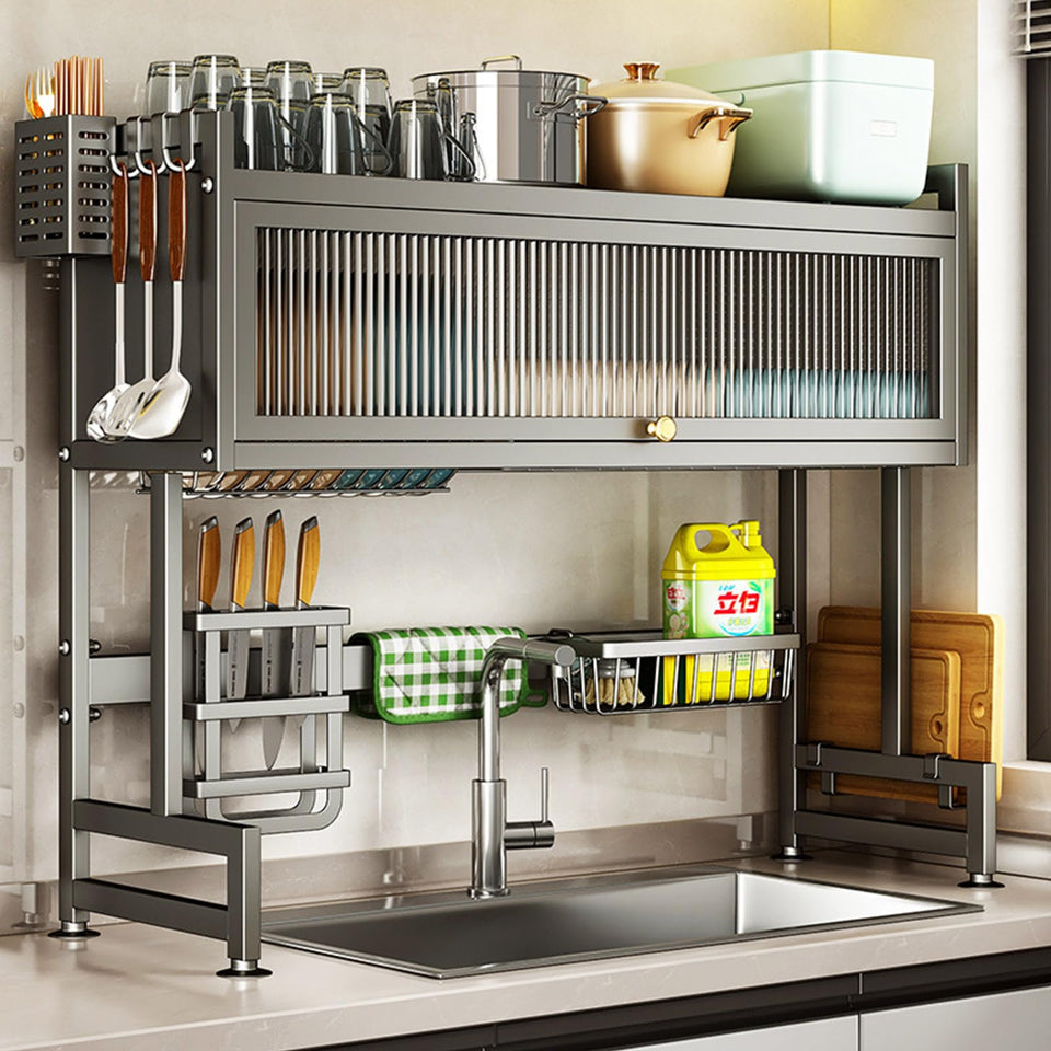 Hdrriozu over-the-sink dish drainer 3-tier keeps dishes organized and drains efficiently.