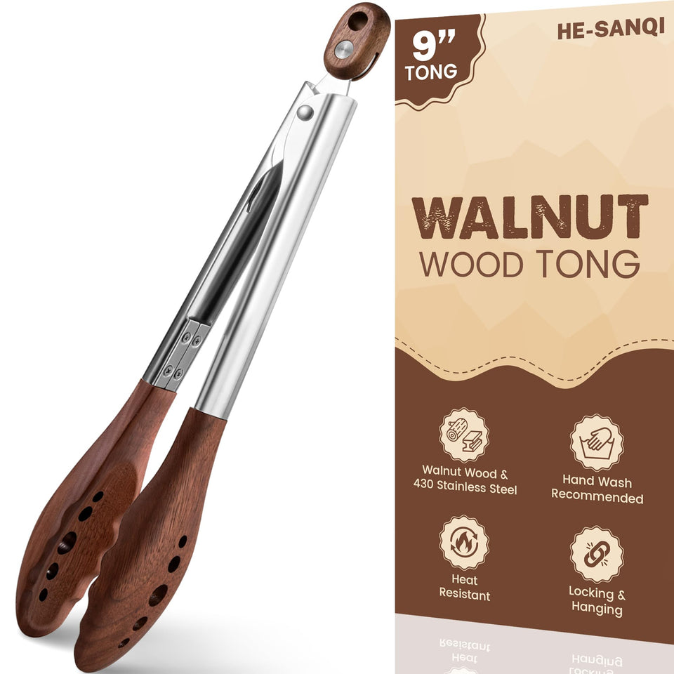 HE-SANQI 9-Inch wood tongs with walnut tips for safe flipping.