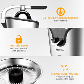 Healnitor juicer showing two cone sizes for different fruits and efficient squeezing.