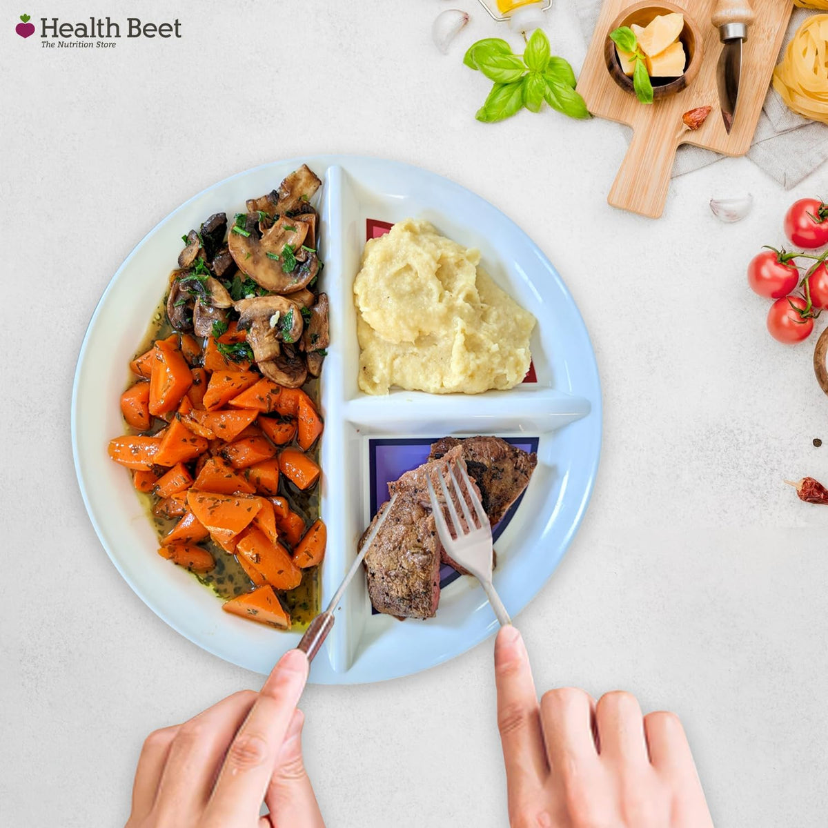 Health Beet three-section layout mirrors nutrition goals for veggies, carbs, protein.