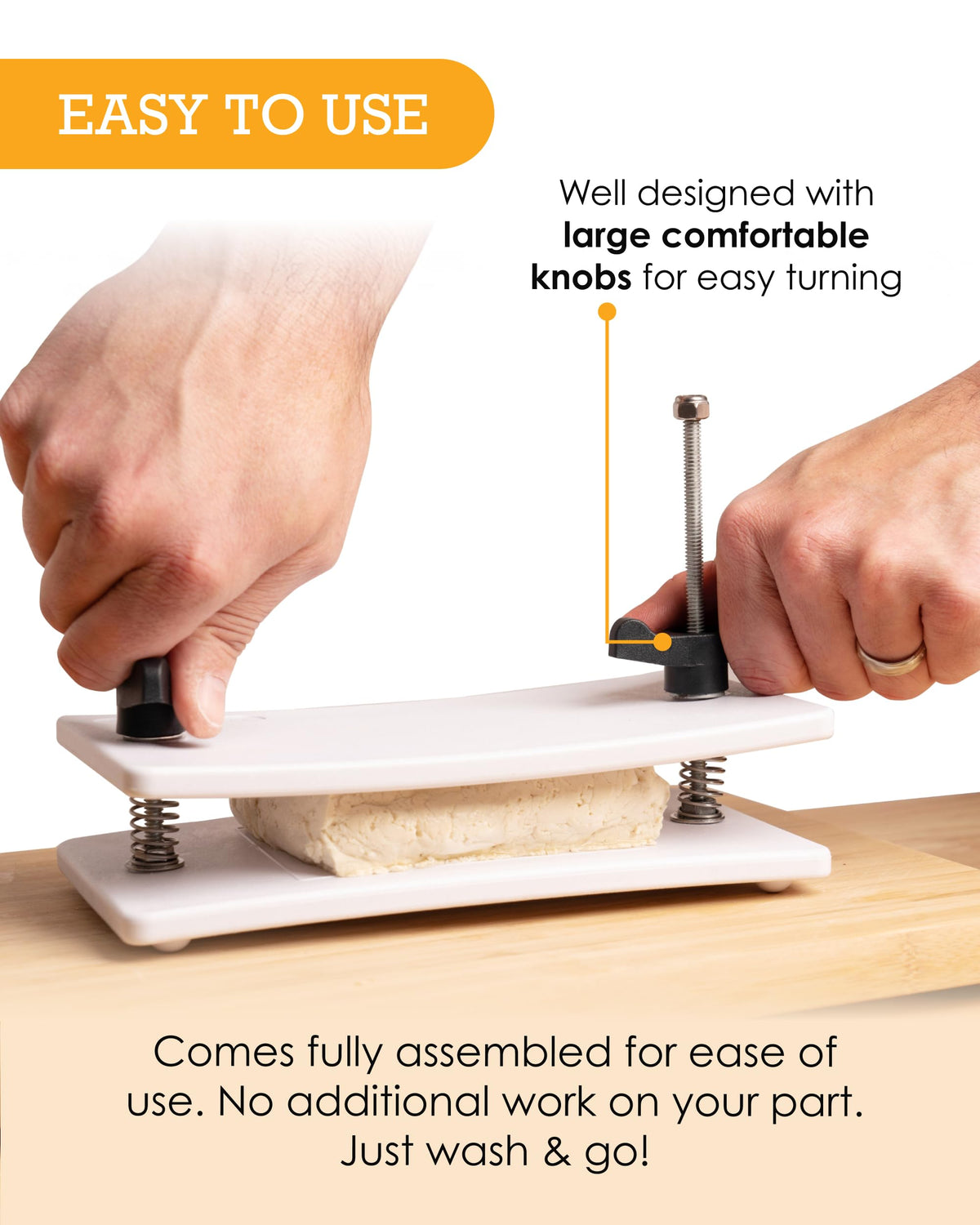 Healthy Express tofu press features stainless steel hardware for durability and cleaning.