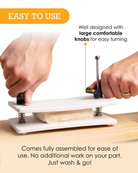 Healthy Express tofu press features stainless steel hardware for durability and cleaning.