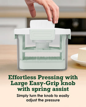 Healthy Express Tofu Press side view illustrates balanced pressure for consistent firmness