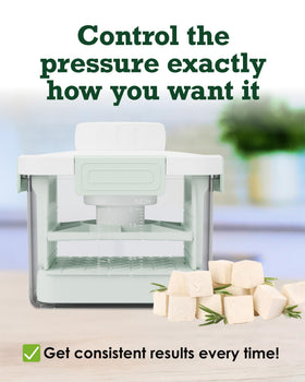 Healthy Express Tofu Press tofu block under press demonstrates uniform water removal