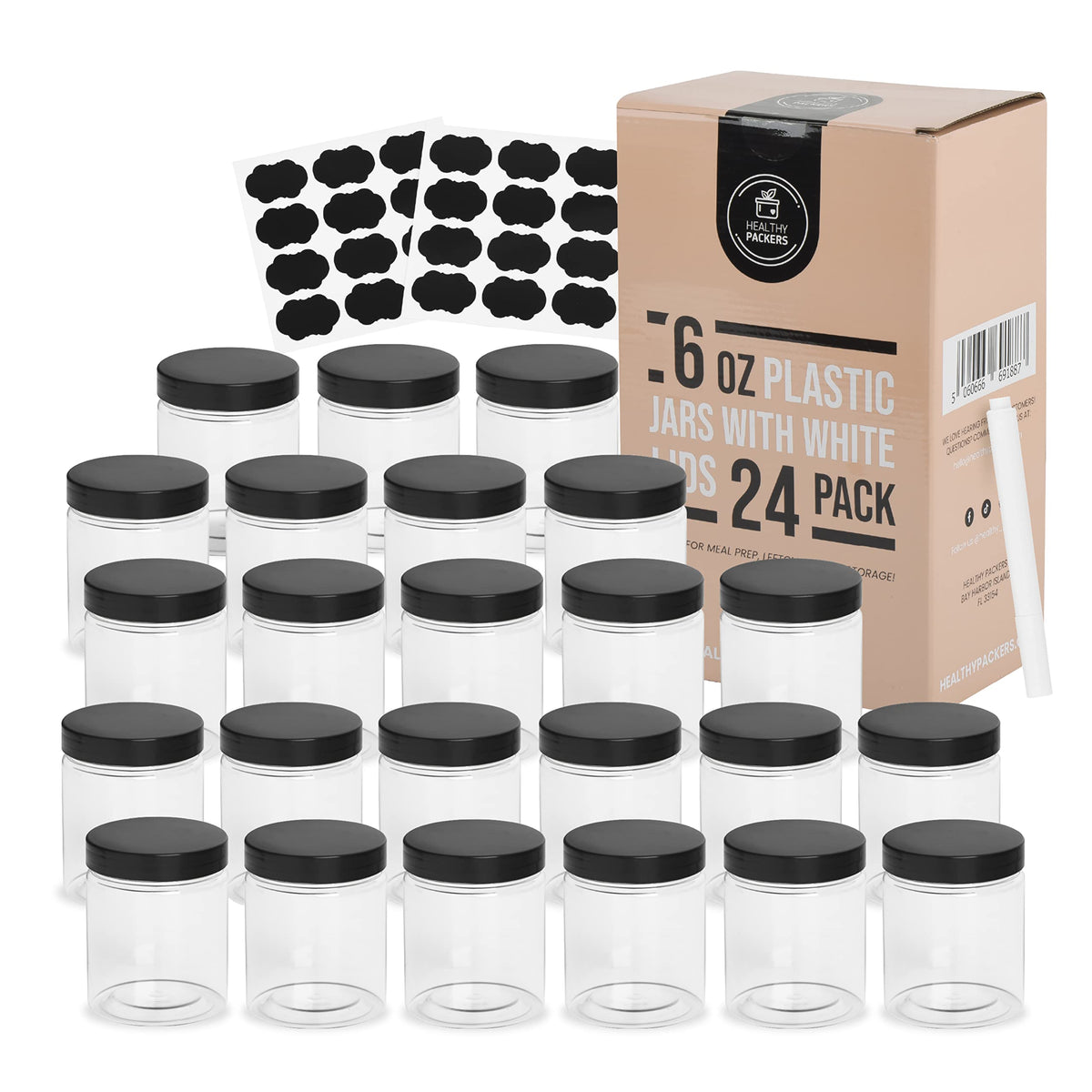 Healthy Packers 6 oz jar with water-tight black lid ideal for secure pantry storage.