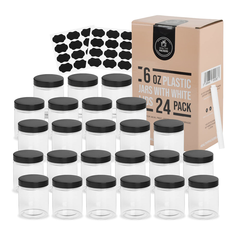 Healthy Packers 6 oz jar with water-tight black lid ideal for secure pantry storage.