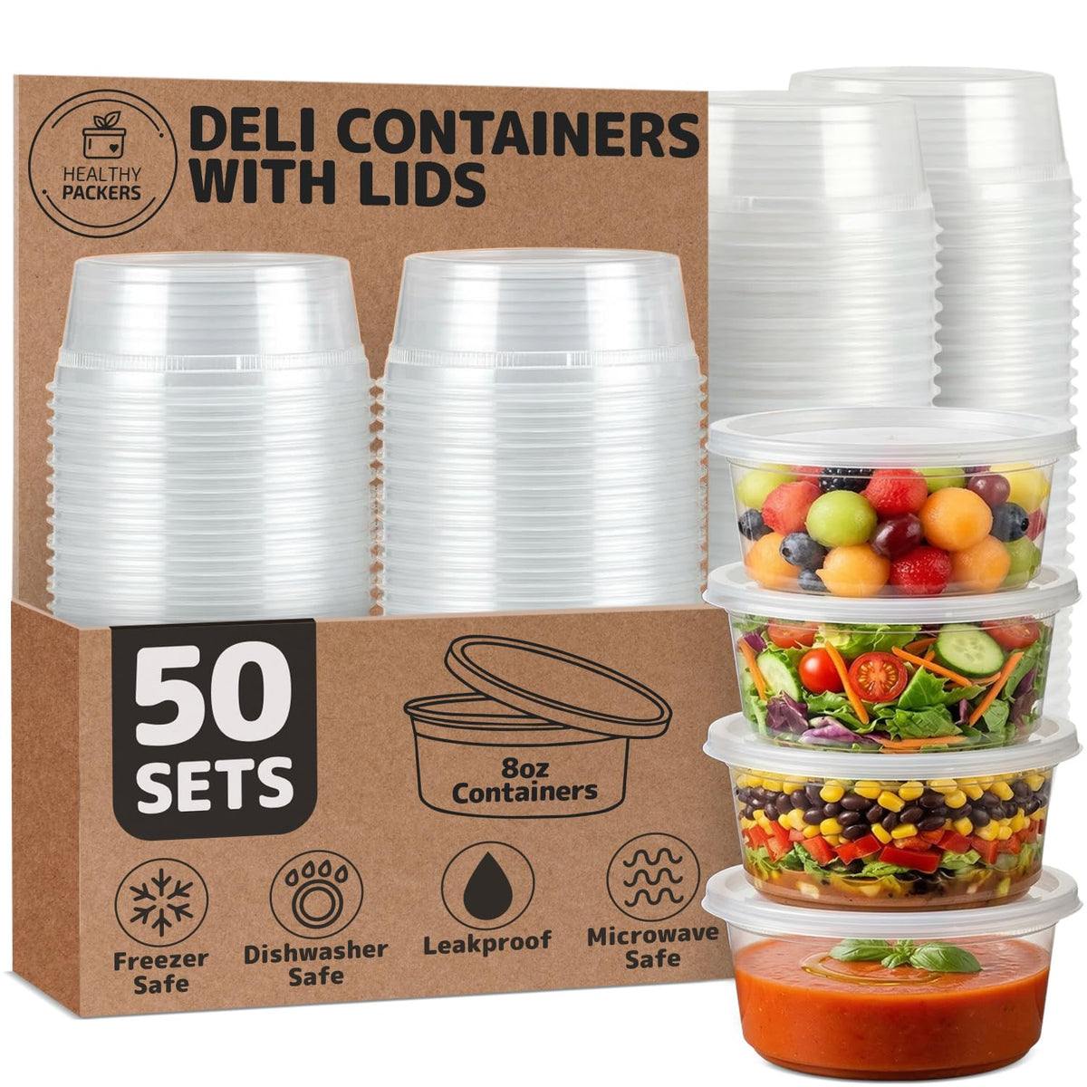Healthy Packers 8oz deli cups with lids for secure, leak-free leftovers storage
