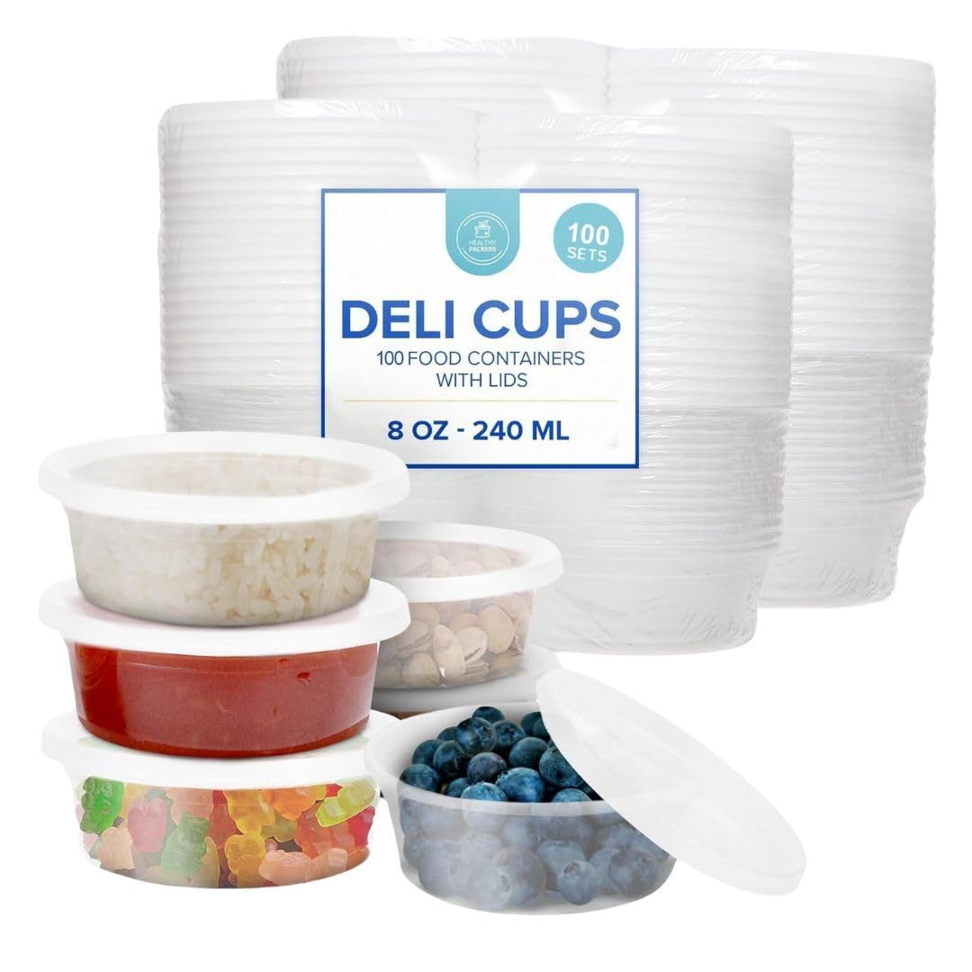 Healthy Packers 8oz deli cups with airtight lids for spill-free storage.