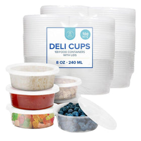 Healthy Packers 8oz deli cups with airtight lids for spill-free storage.