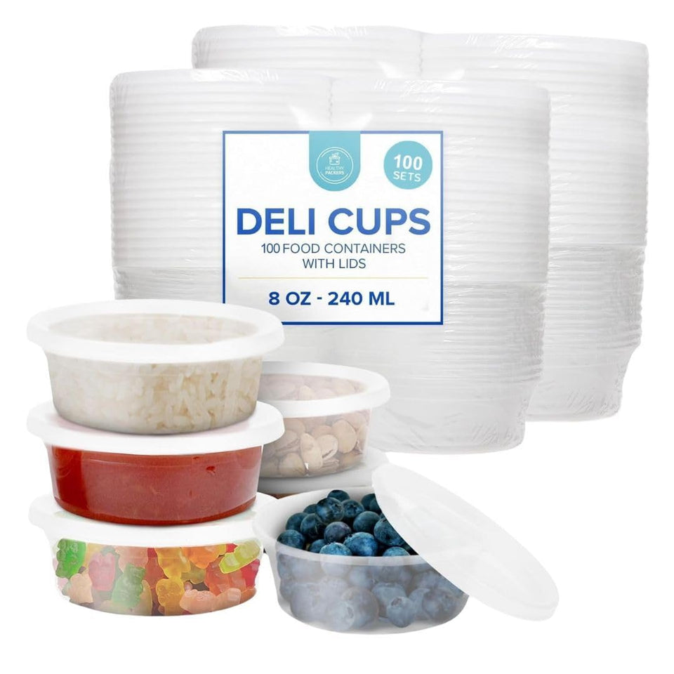 Healthy Packers 8oz deli cups with airtight lids for spill-free storage.