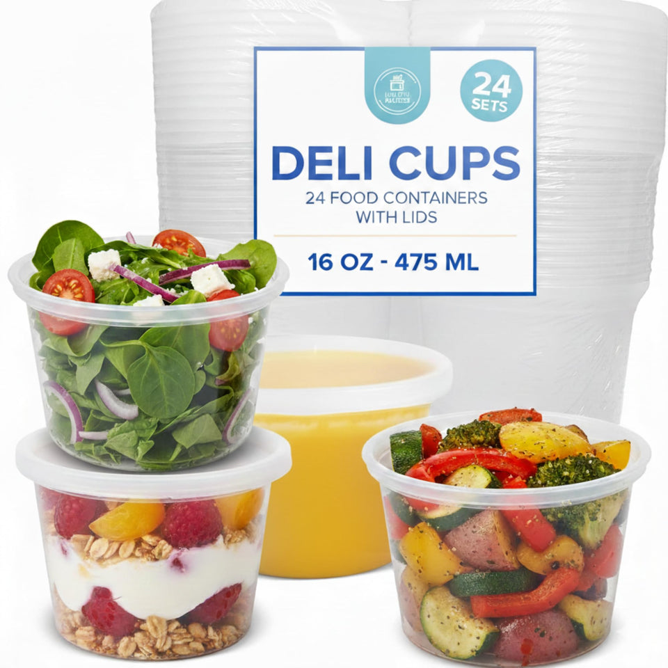 Healthy Packers 16oz deli cups with airtight lids for leakproof fridge storage.
