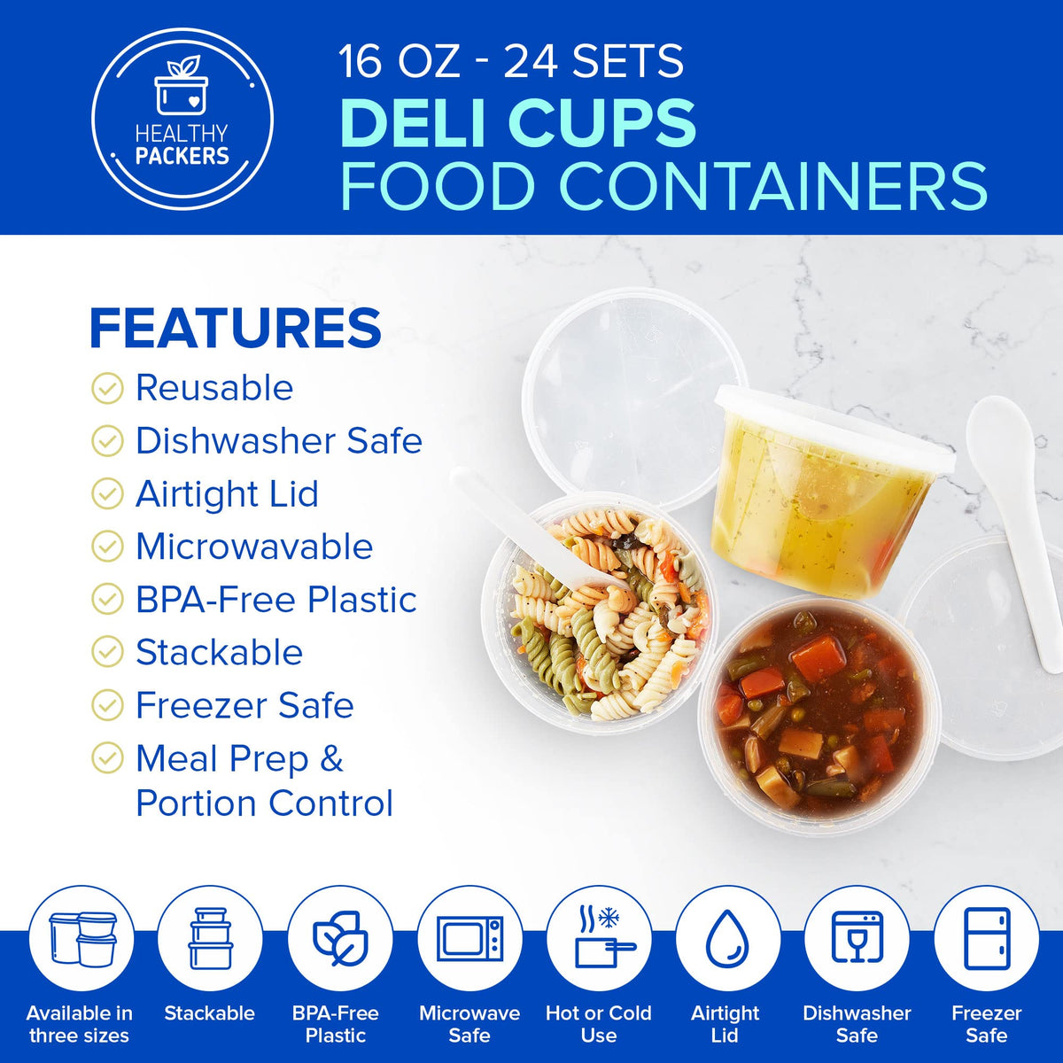 Healthy Packers heavy-gauge polypropylene deli containers show robust build and long-lasting use.