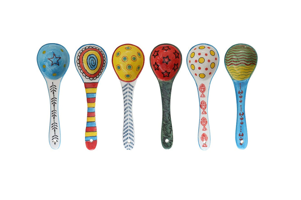 Heart & Home ceramic soup spoon set with colorful patterns for vibrant table settings.