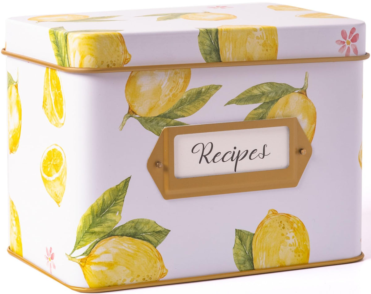 Heart & Berry lemon recipe box cover with a sturdy metal construction for lasting storage.