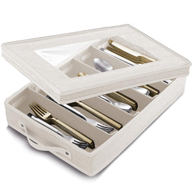Hearth & Harbor cream flatware storage box front view showing sturdy exterior and organized space