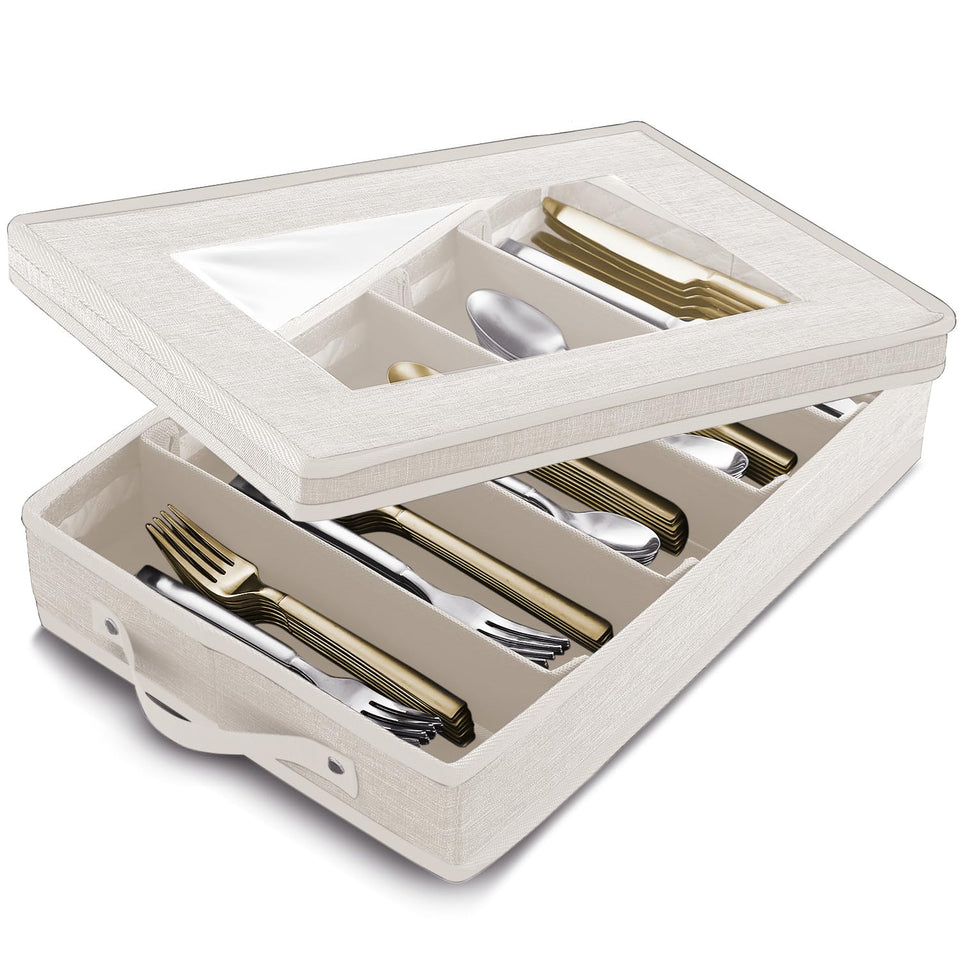 Hearth & Harbor cream flatware storage box front view showing sturdy exterior and organized space