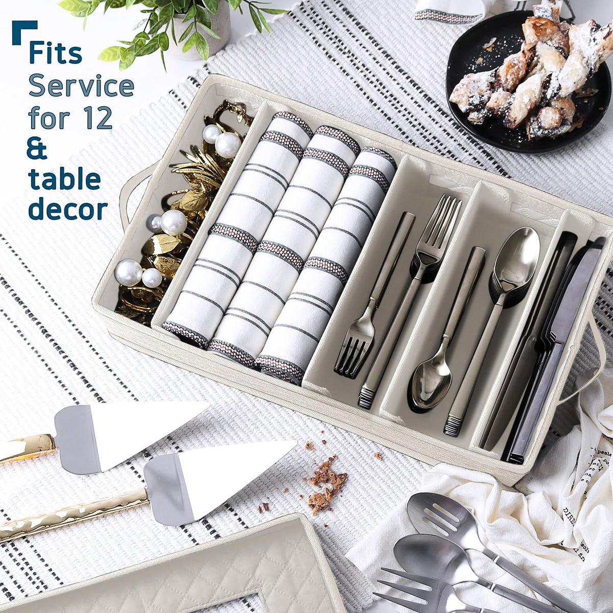 Hearth & Harbor cream case open lid reveals padded dividers protecting utensils