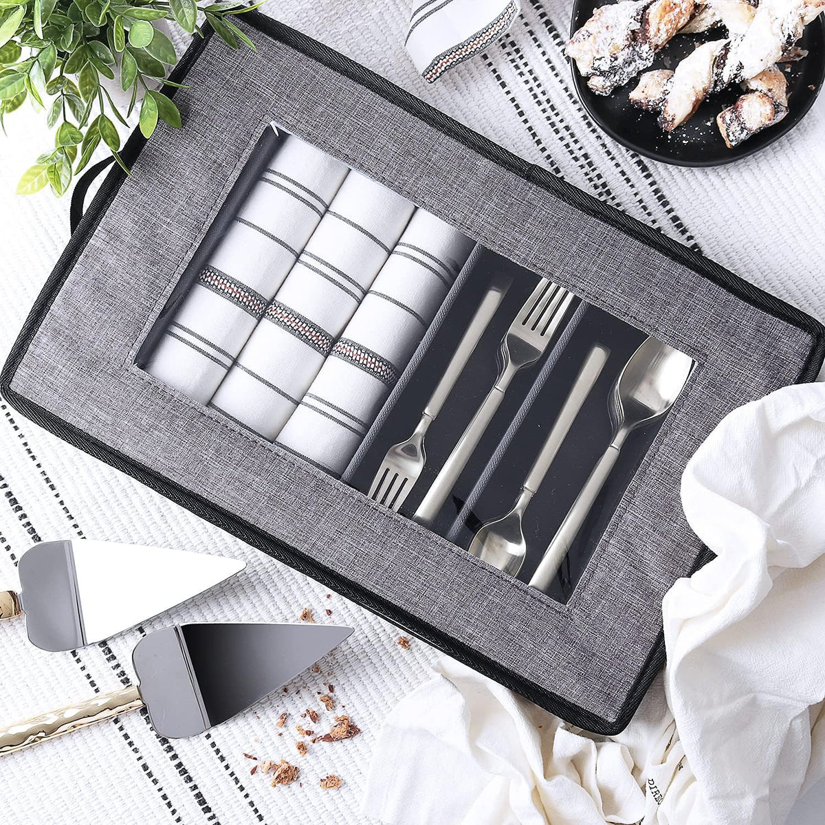 Hearth and Harbor grey flatware storage case blends with kitchen decor while organizing cutlery.