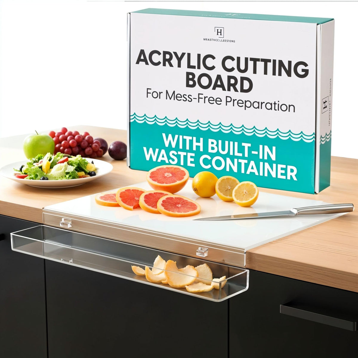 HearthCollections acrylic cutting board with lip on counter for mess-free prep