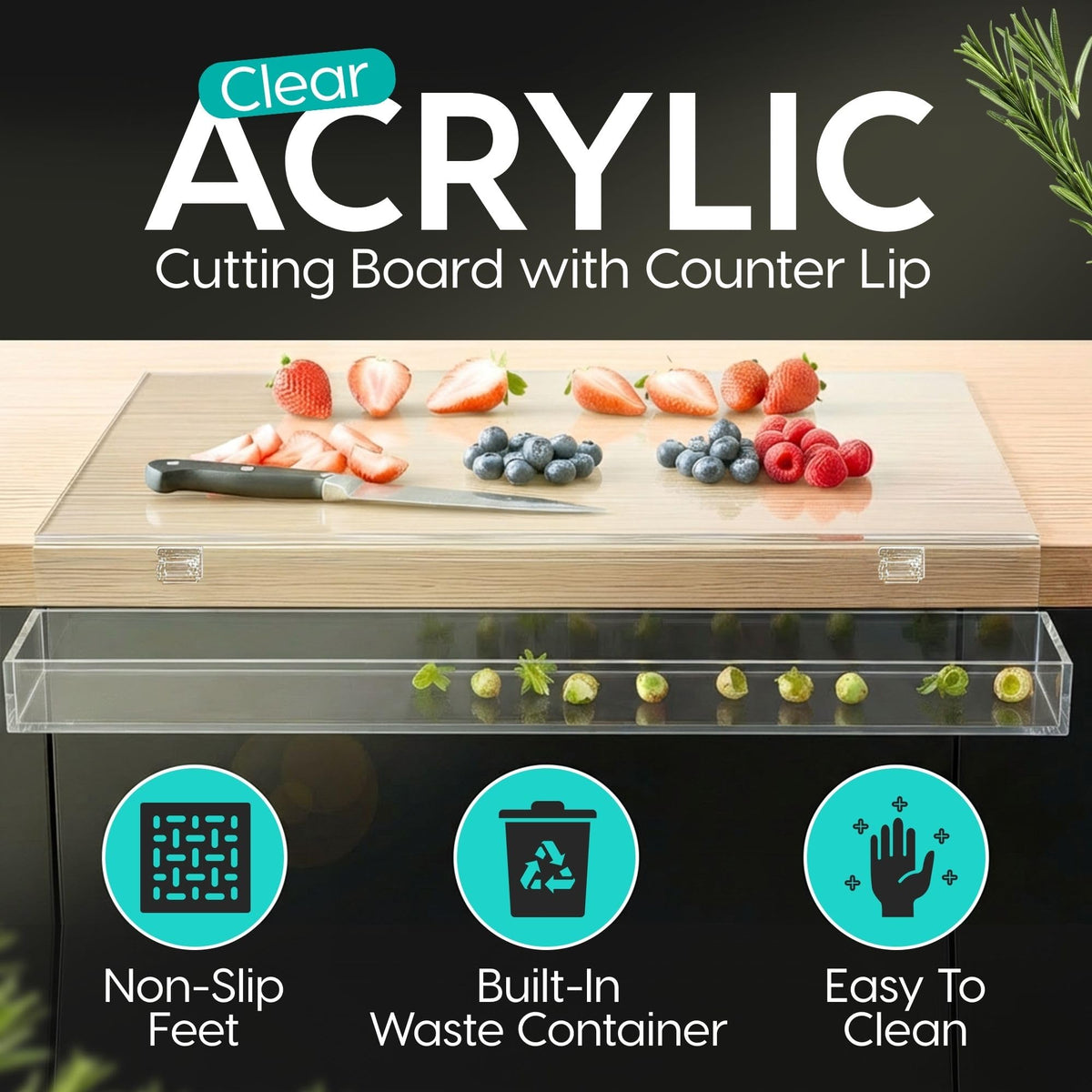 HearthCollections cutting board with waste tray catching peels and scraps
