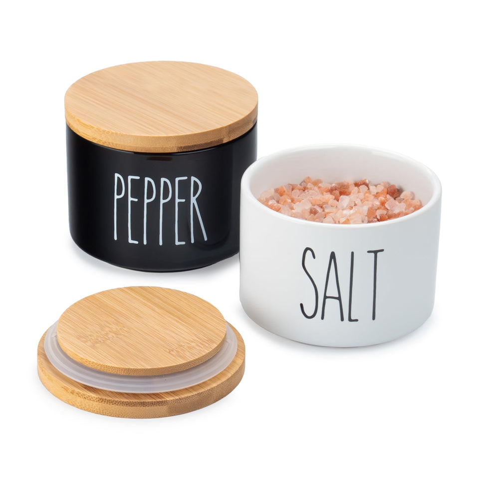 Heartland Home salt and pepper bowls stacked with lids for compact storage