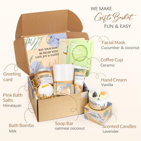 HeartPost spa kit with mug and lavender candle for at-home pampering.