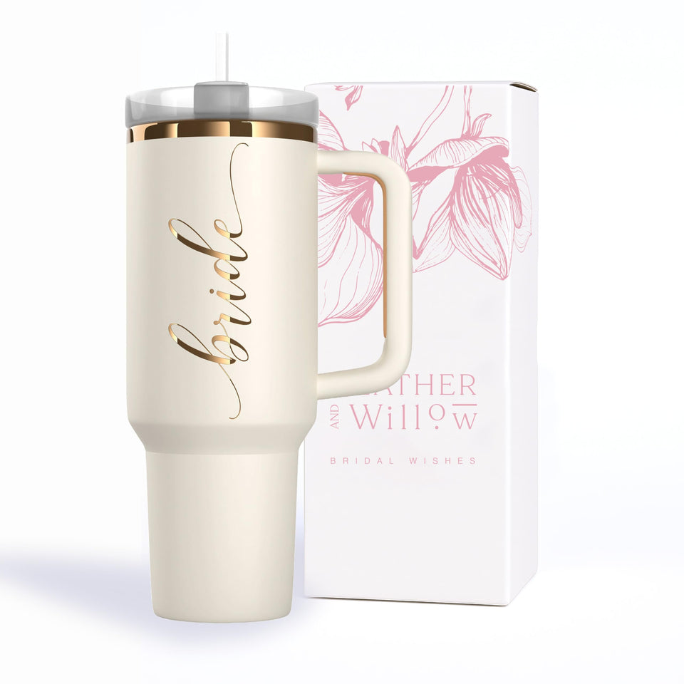 Heather & Willow Bride Cup 40oz close-up with rose gold finish.