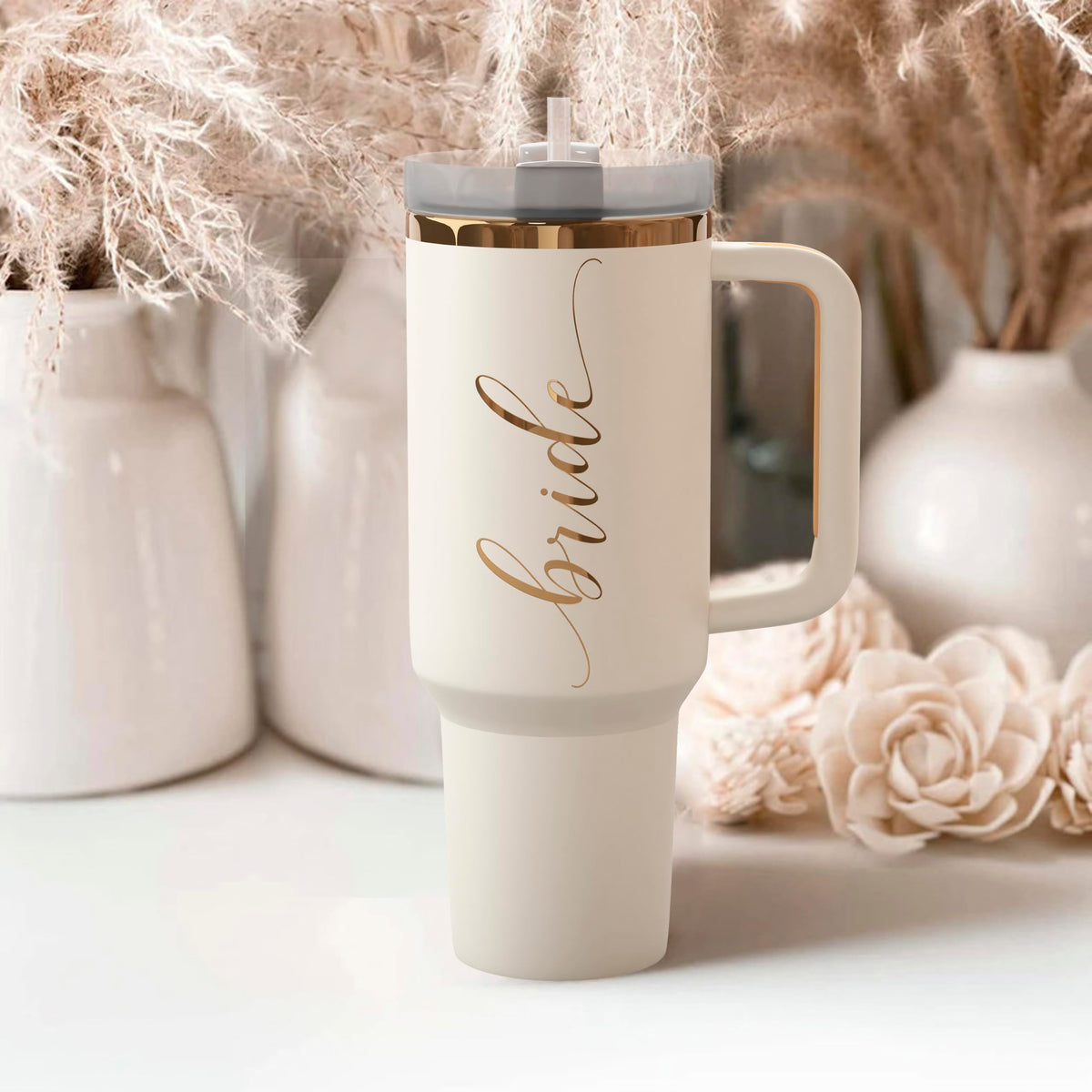 Heather & Willow Bride Cup with straw in use.