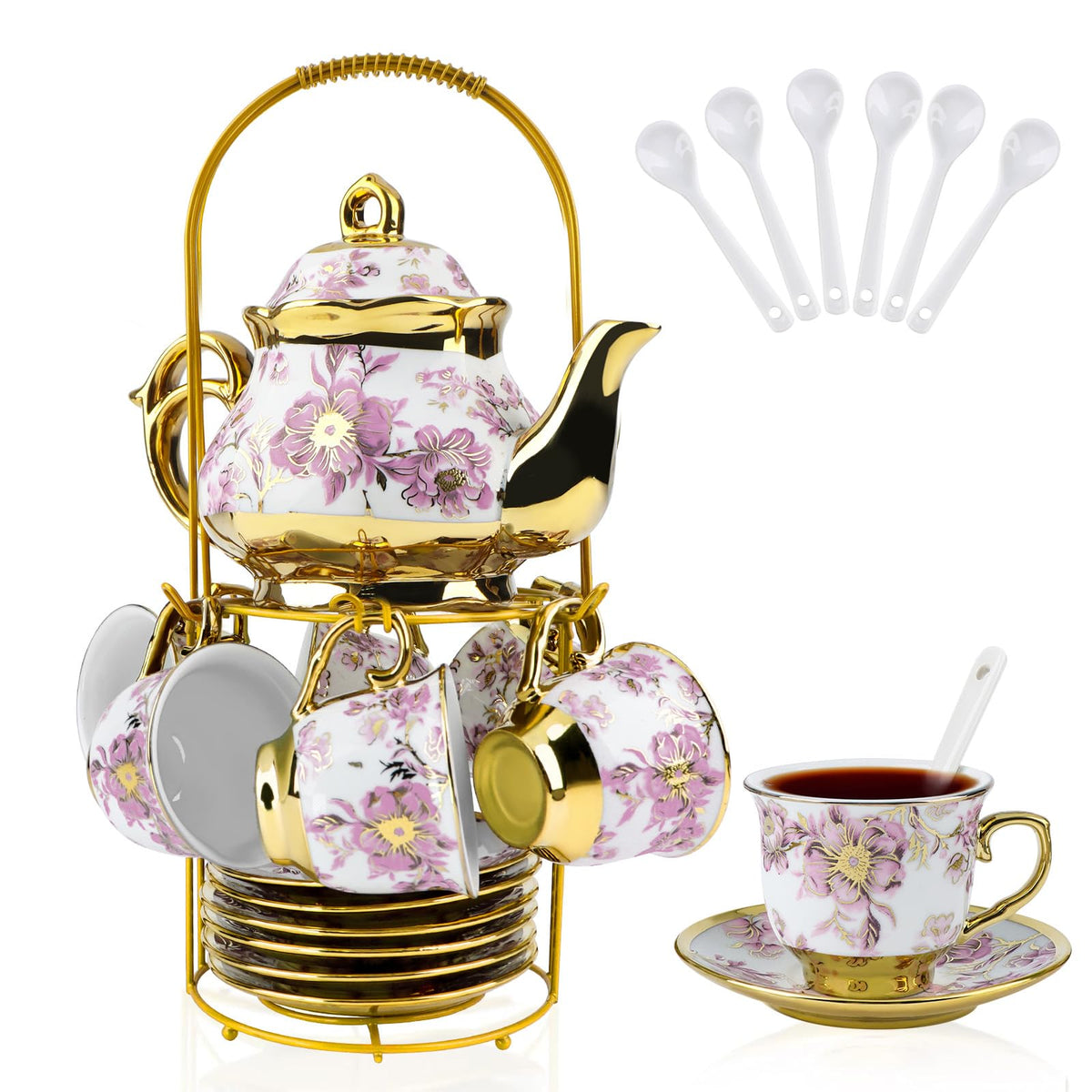 Hebaogugu porcelain tea set with gold flower pattern for elegant gatherings.